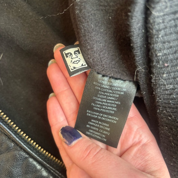 Obey Propaganda Black Faux Leather Hooded Jacket - Picture 12 of 12